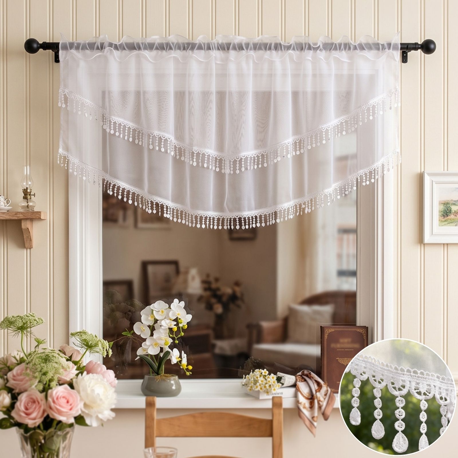 Home Office Kitchen - 2PCS White Lace Beaded Tassel Cafe